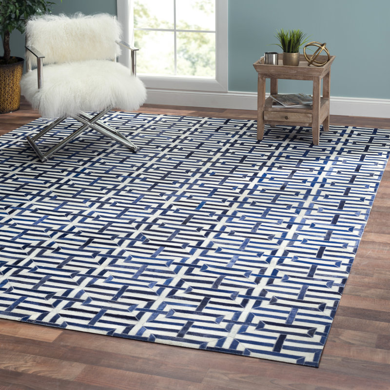 Galaxy Silver and Navy Geometric Cowhide Silk 9' x 12' Rug
