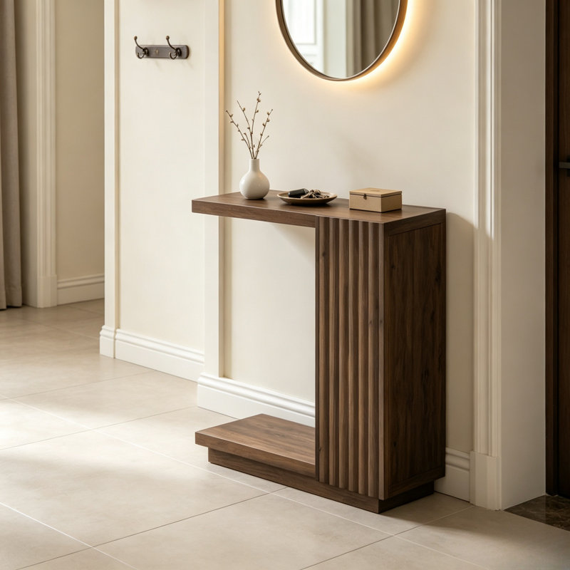 Table d'appoint de style campagnard en forme de C, table d'appoint en bois cannelé de haute qualité avec étagère de rangement à deux niveaux, 60 cm L × 28,5 cm P × 60 cm H, table d'appoint gain de place pour canapé, salon ou chambre