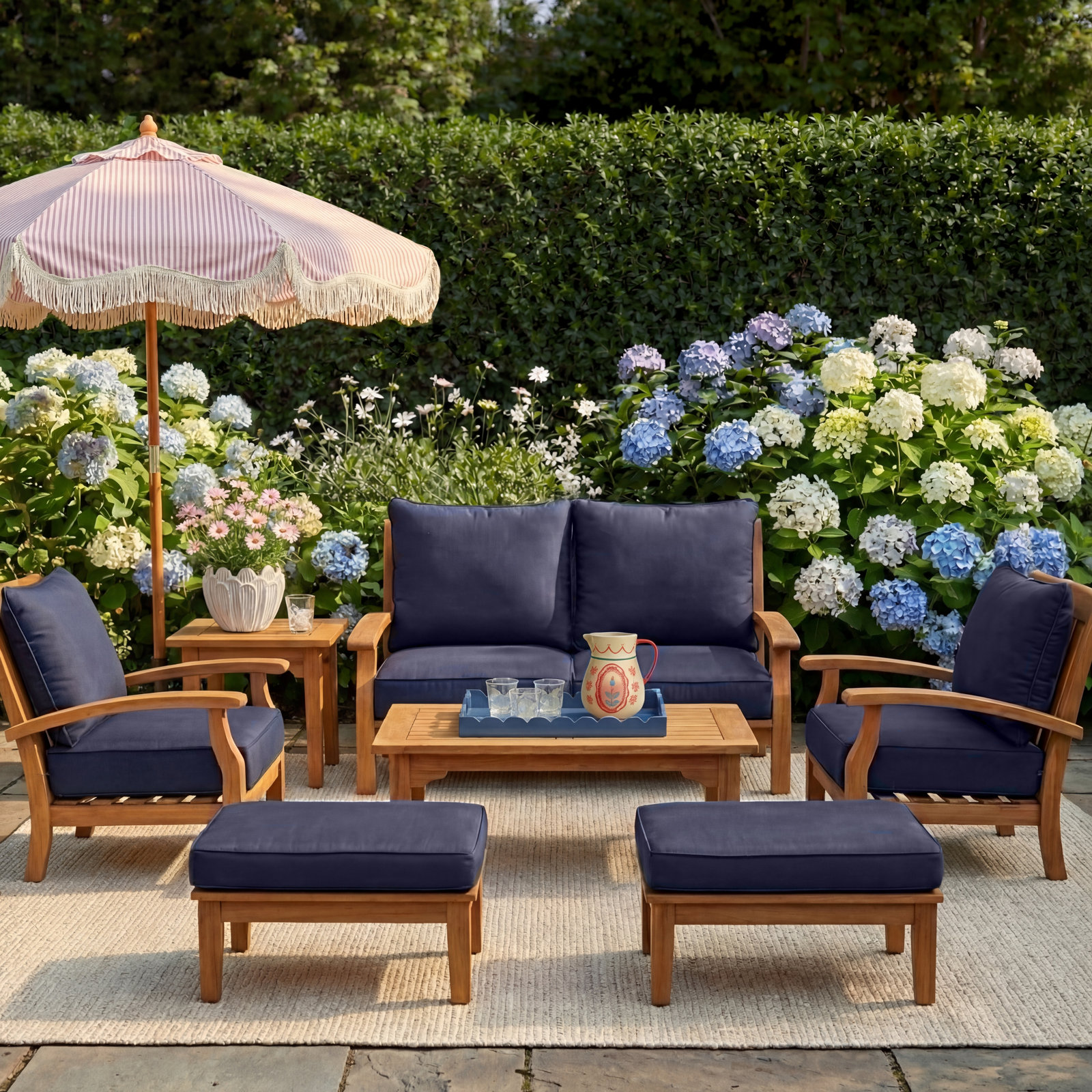 Summerton 6-Person Teak Patio Seating Group, Navy Performance Olefin