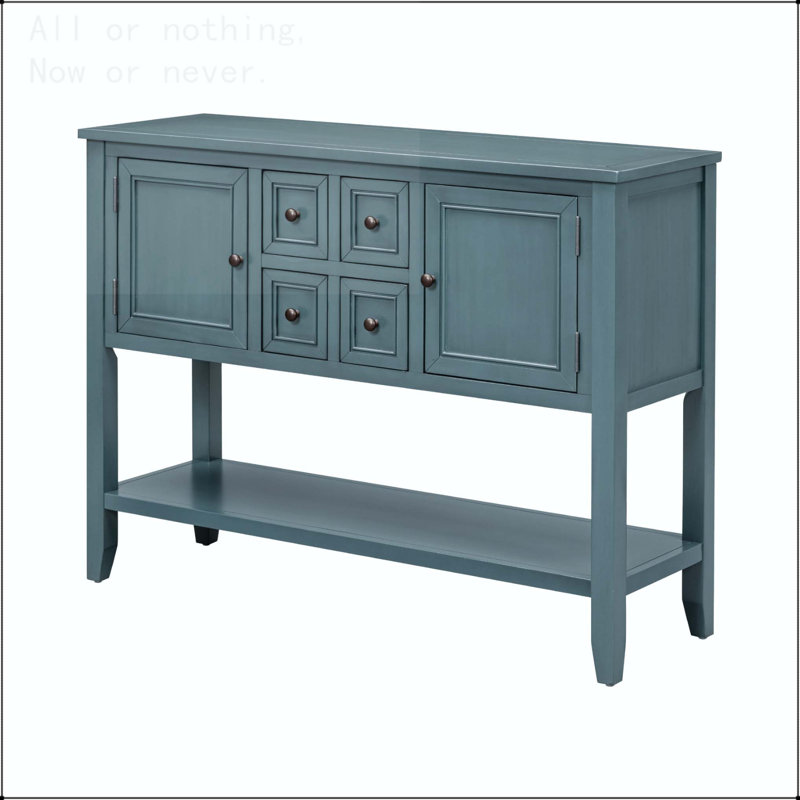 Console rétro avec quatre tiroirs, armoires et tablette inférieure, Bleu très foncé
