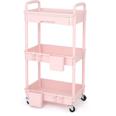 3 Tier Rolling Utility Cart With Drawer,Storage Cart,Rolling Cart Storage Organizer With Iron Wheels,Grey