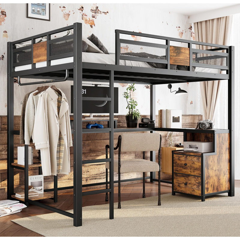 Full Loft Bed with Desk and Storage Non-woven Fabric Drawers, Metal Loft Bed Frame with Ladders, Nosie-free and No Spring Box Needed.Black