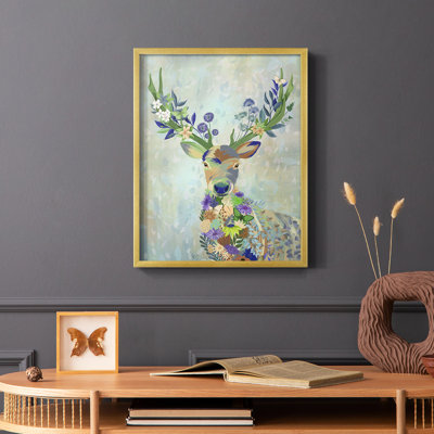 Fantastic Florals Deer, Portrait, reproduction encadrée - bois massif