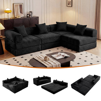 112 Inch Boneless Couch Modular Sectional Sofa, Corduroy 4-Seat Cloud Couch with High Back Support Pillows, Convertible Floor Sofa Bed for Living Room and Small Spaces, Black