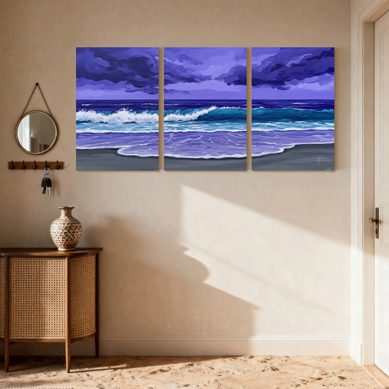 Nautique et plage, océan mauve, vagues côtières, coucher de soleil, ensemble de 3 toiles murales, H 18 po x l 36 po
