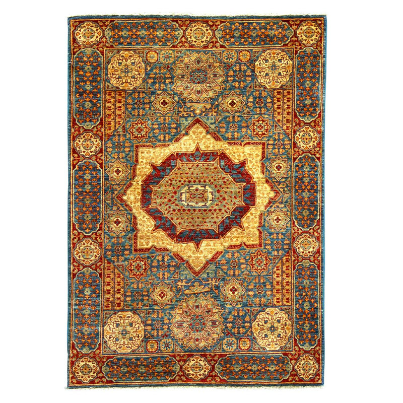 Tapis oriental bleu / jaune / rouge en laine et coton noué à la main 3 pi x 5 pi Oriental