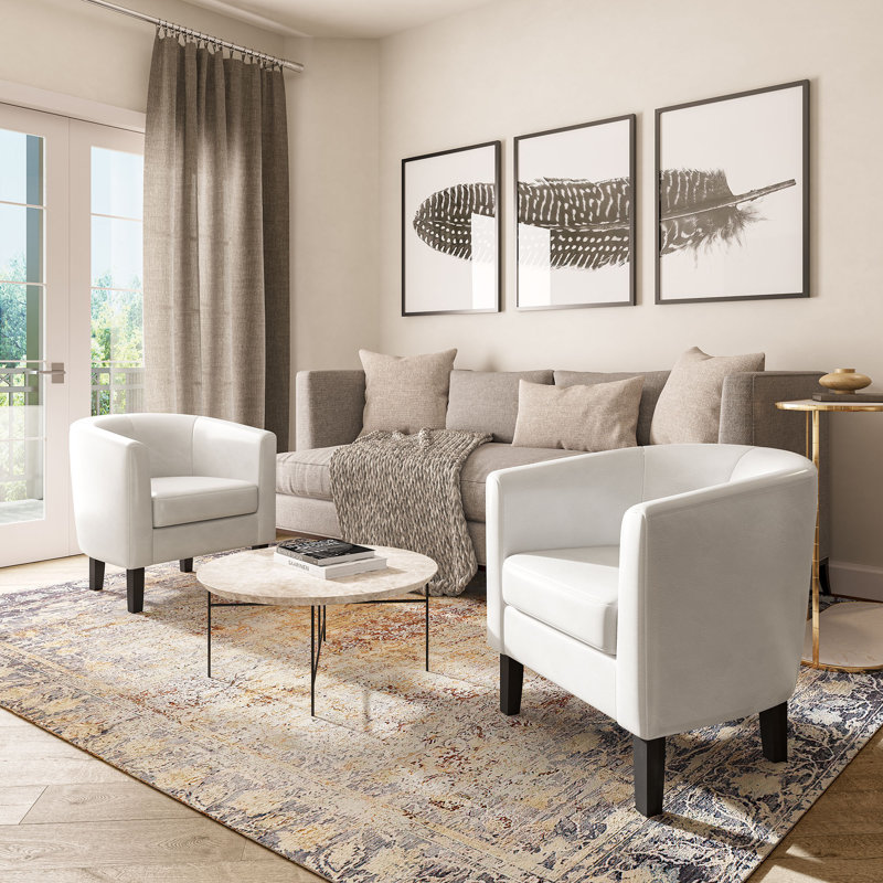 Ensemble de 2 fauteuils demi-tonneau d'appoint ronds en similicuir blanc avec rembourrage, Blanc