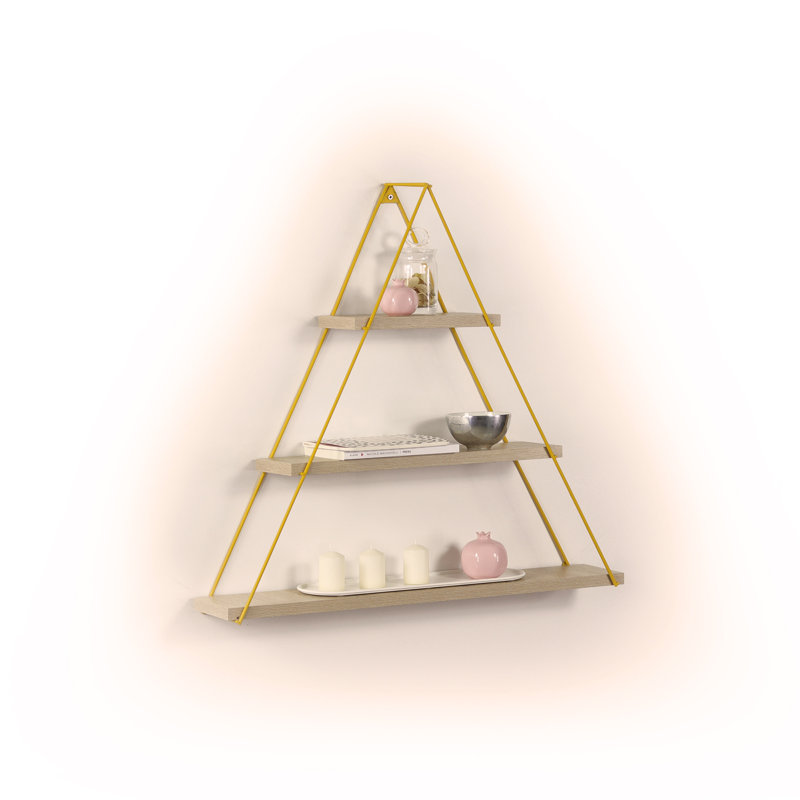 Floating Wall Decor Wall Mounted Rustic Decorative Hanging Metal Bracket Triangle Shelf for Books,, Oak/Yellow
