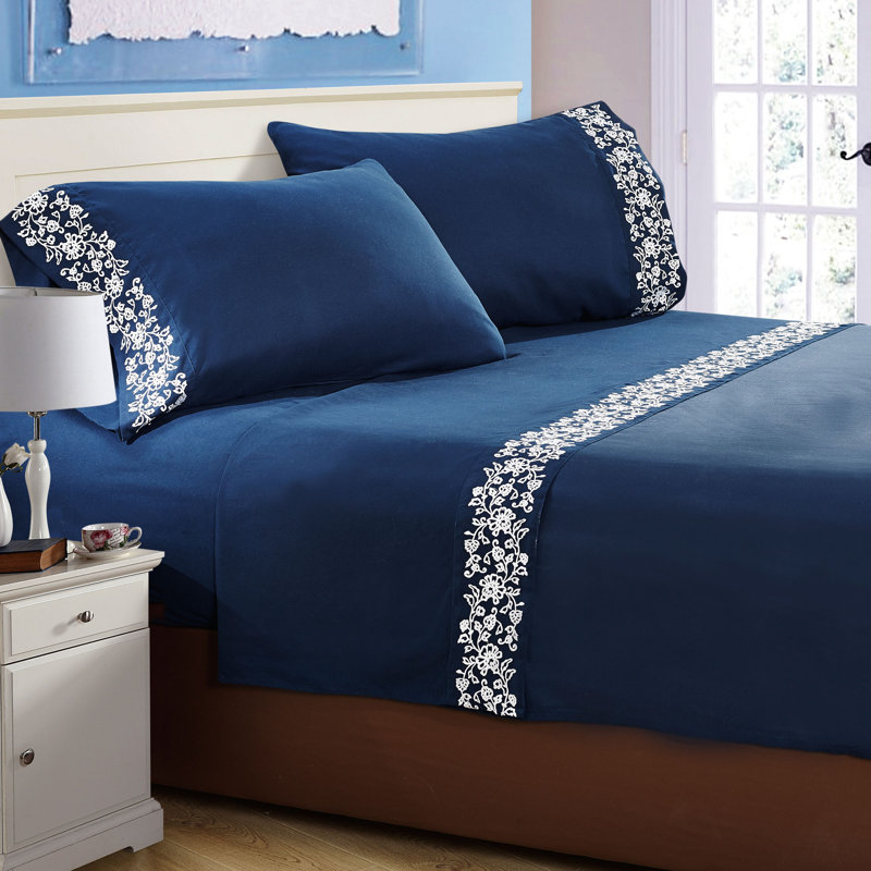 Microfiber Plain Weave / Muslin Sheet Set, Cal.King Sheet Set + Fitted Sheet + 2 Pillowcase, Navy Blue 