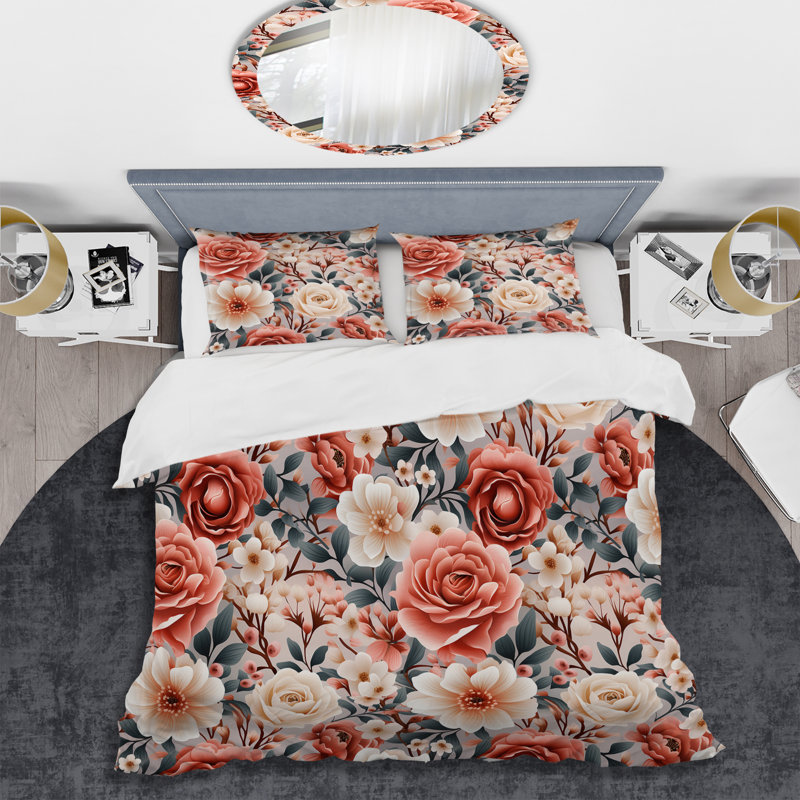 Literie aquarelle et motif floral beige, Housse de couette simple + 1 taie décorative stan