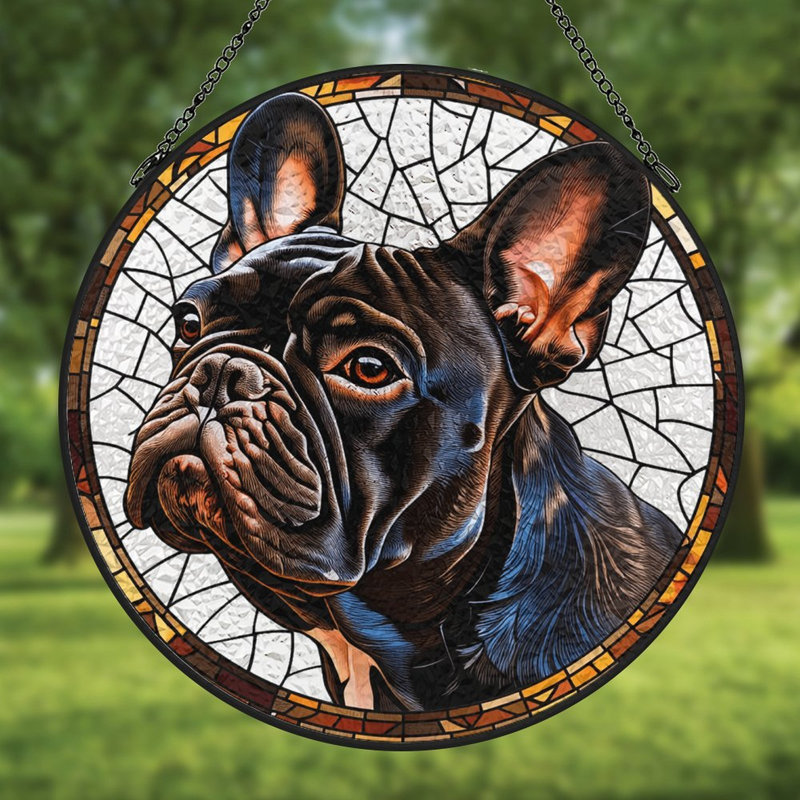Bouledogue français en vitrail, panneaux en verre coloré pour décoration de fenêtre, 7.8x7.8in(20x20cm)