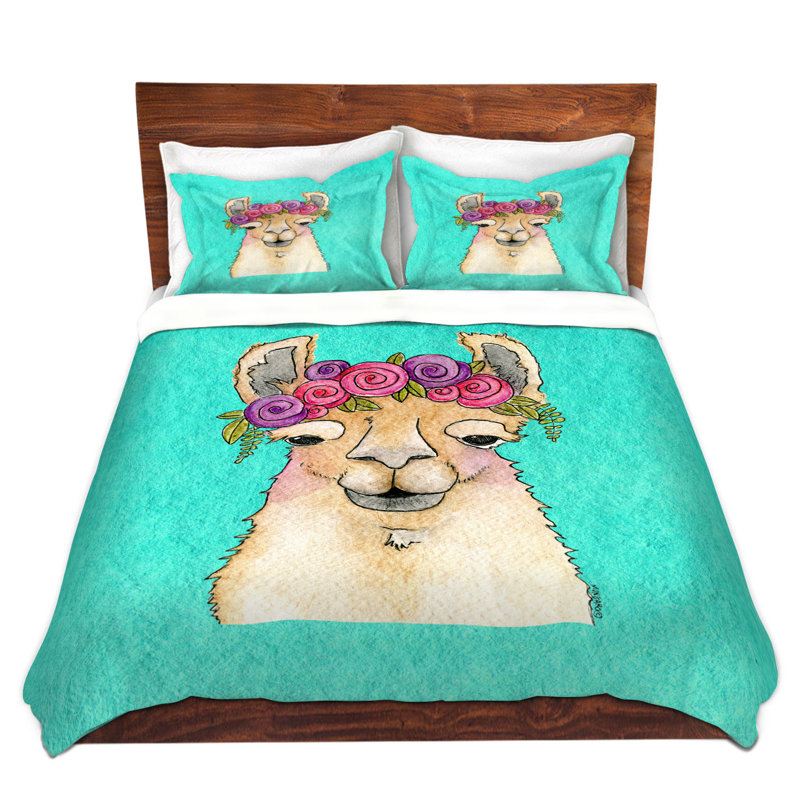 Ensemble de housse de couette guirlande llama, 1 housse simple + 1 taie standard, Bleu sarcelle / Crème / Rouge