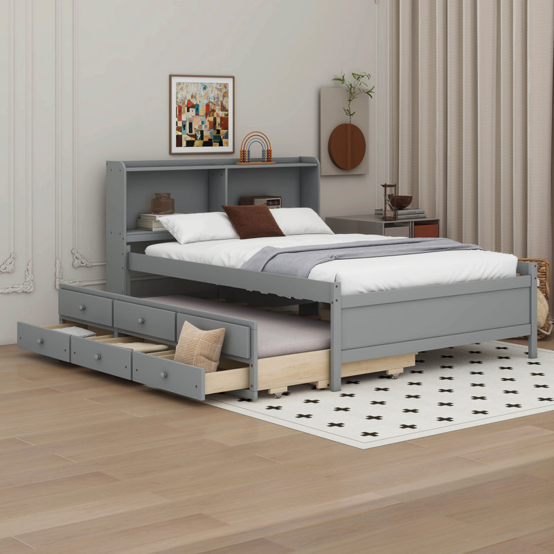 Full Size Bed With Twin Trundle, Wood Platform Bed With Bookcase Headboard And Storage Drawers, Grey