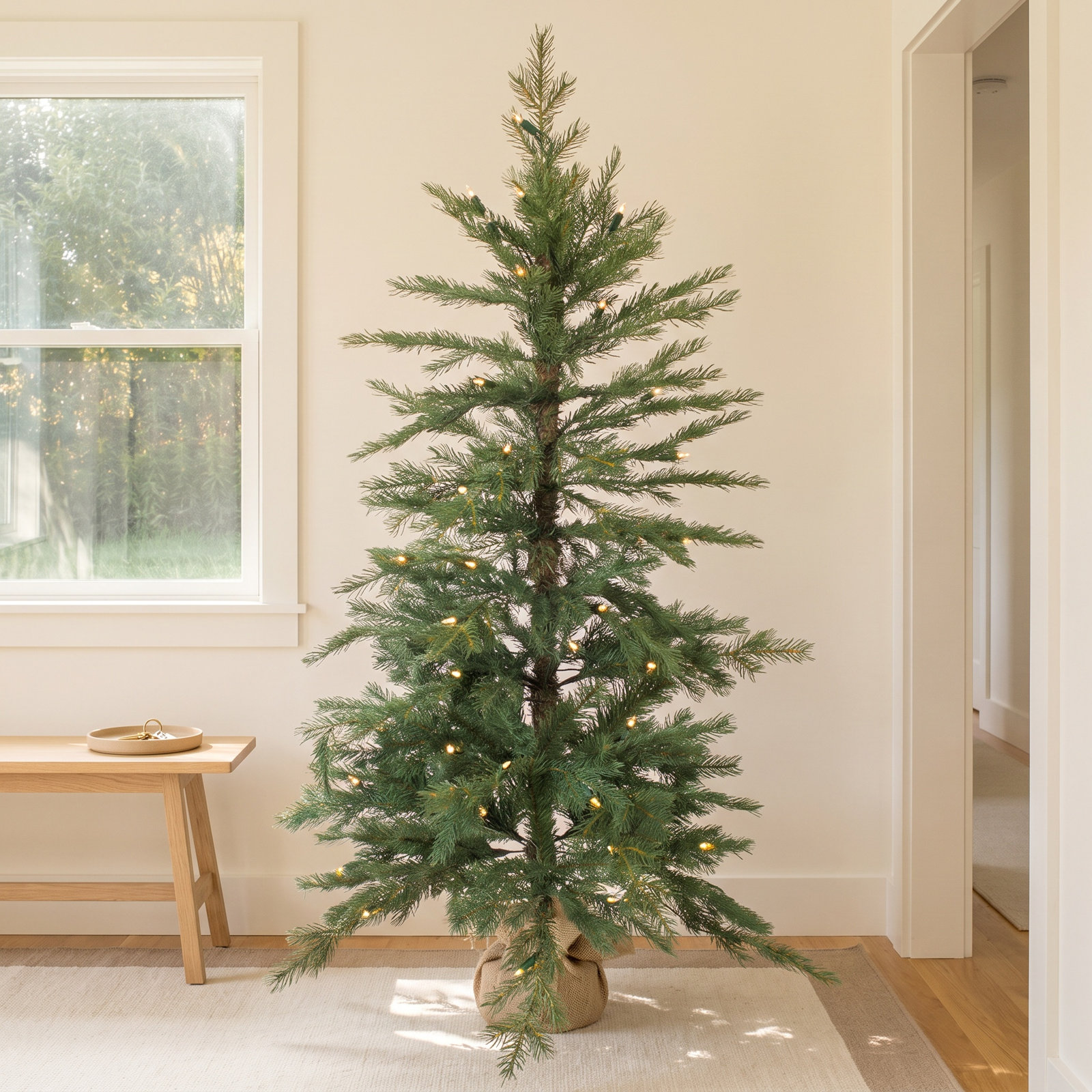 Faux Pine Tree in Burlap Pot Liner, 49" H x 29" W x 29" D