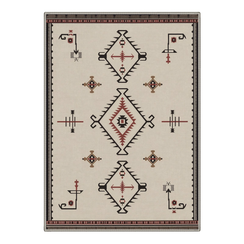 Abrahamson Viento Geometric Machine Washable Beige / Black / Brown Indoor Area Rug with Non-Slip Backing, Round 5'