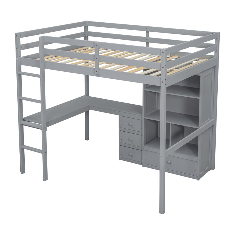 Lit mezzanine avec tablettes et tiroirs de rangement, lit mezzanine à structure en bois avec bureau, Gris