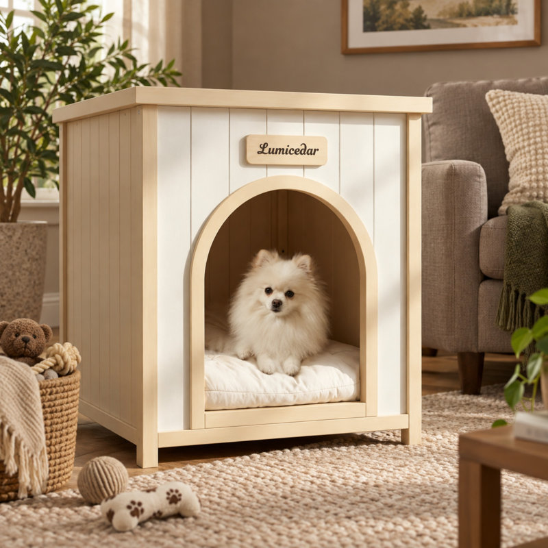 Solid Wood Dog House with Cushion and Side Table Top