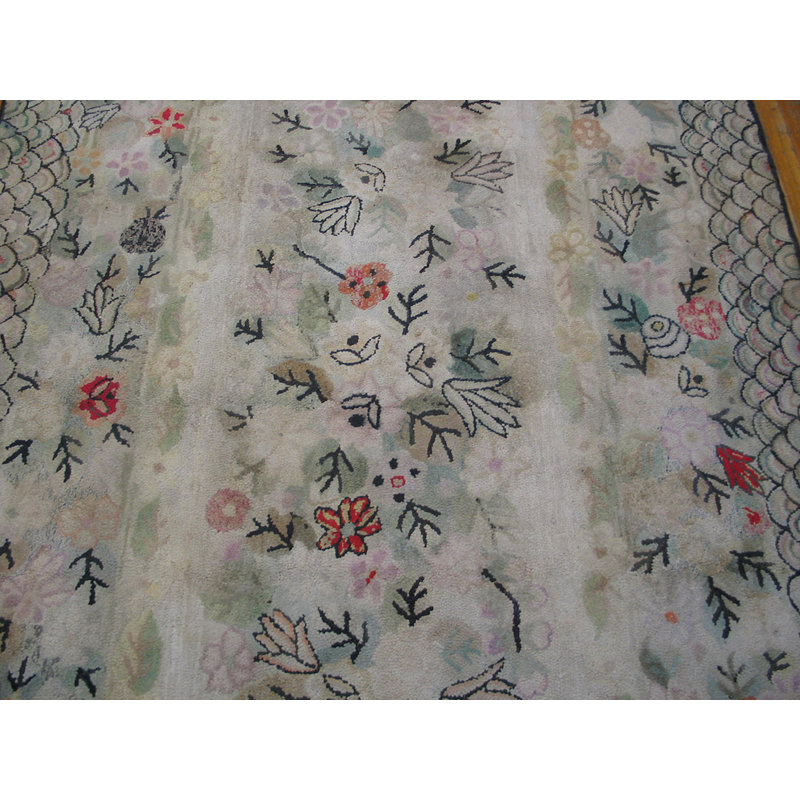 Ivory Antique Artistic American Folk Art Hooked Cotton Rug