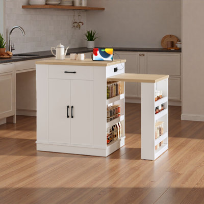 Extendable Island Console With Drawers, Double-Door Cabinet, And Open Shelving. Serves As Dining Table, Temporary Breakfast Bar, And Afternoon Tea Lounge
