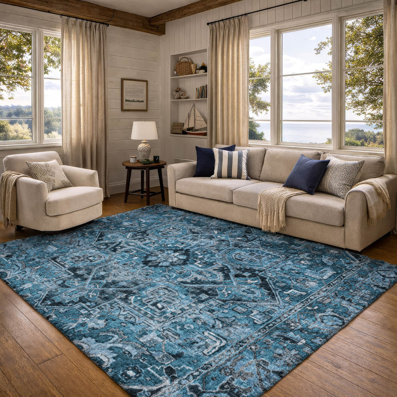 Tapis oriental à poils longs de qualité supérieure lavable à la machine ADS570, Blue, 9' x 12'
