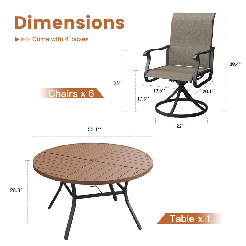Outdoor Patio Dining Set - 53” Round Table with Umbrella Hole + 6 Swivel Chairs, Brush Wood Brown/Brown