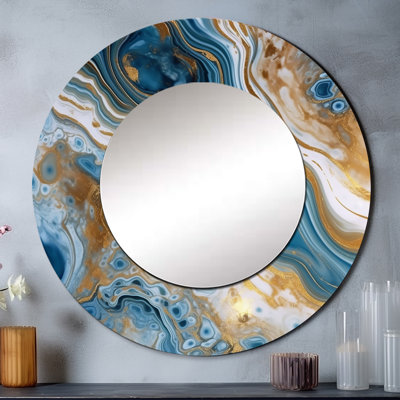 Blue and White Marble Dreams - Abstract Decorative Mirror, Blue Round Wall Mirror, Printed Metal Art