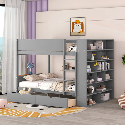 Full Over Full Bunk Bed With 2 Drawers And Multi-Layer Cabinet