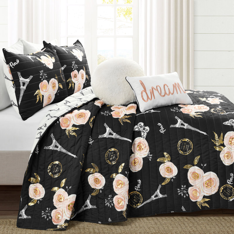 Ensemble de courtepointe Vintage Paris Rose Butterfly Script, Très grand, Noir