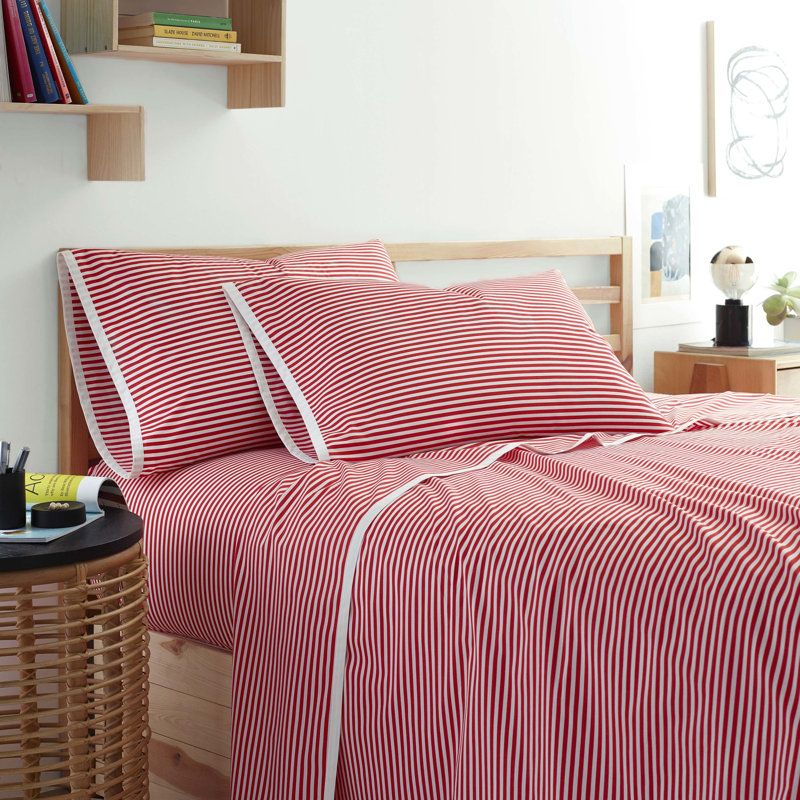 Queen Red Stripe Cotton-Polyester Microfiber Sheet Set
