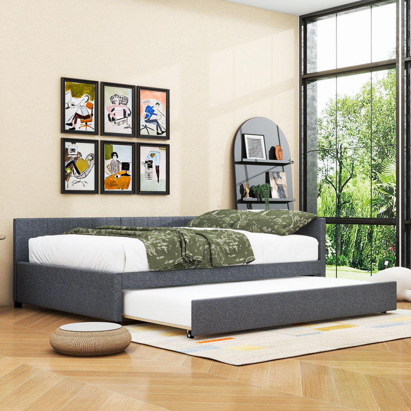 Modern Upholstered Daybed with Twin Trundle, Full / Double, Gray