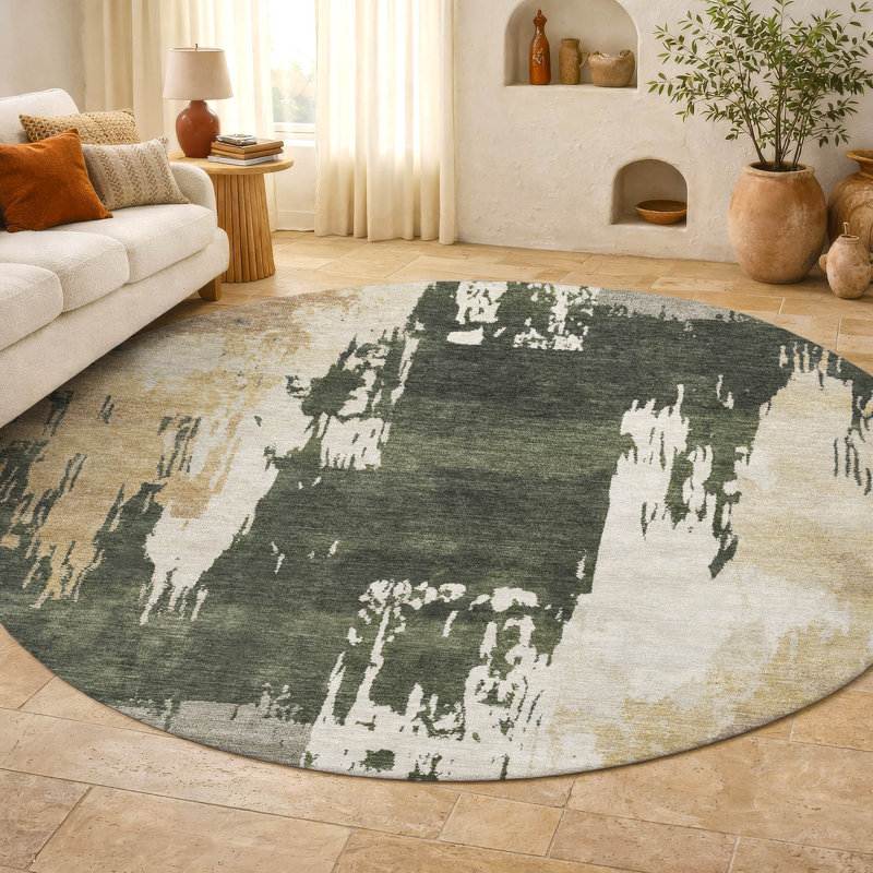 Tapis abstrait lavable à la machine de qualité supérieure Mayfield AMF2347, Olive, Rond 8 pi