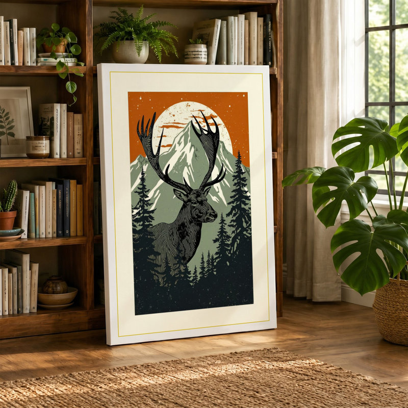 Deer Under Moonlight Rustic - Wrapped Canvas, 18x12 - 45.7 x 30.5 cm, Sage Border