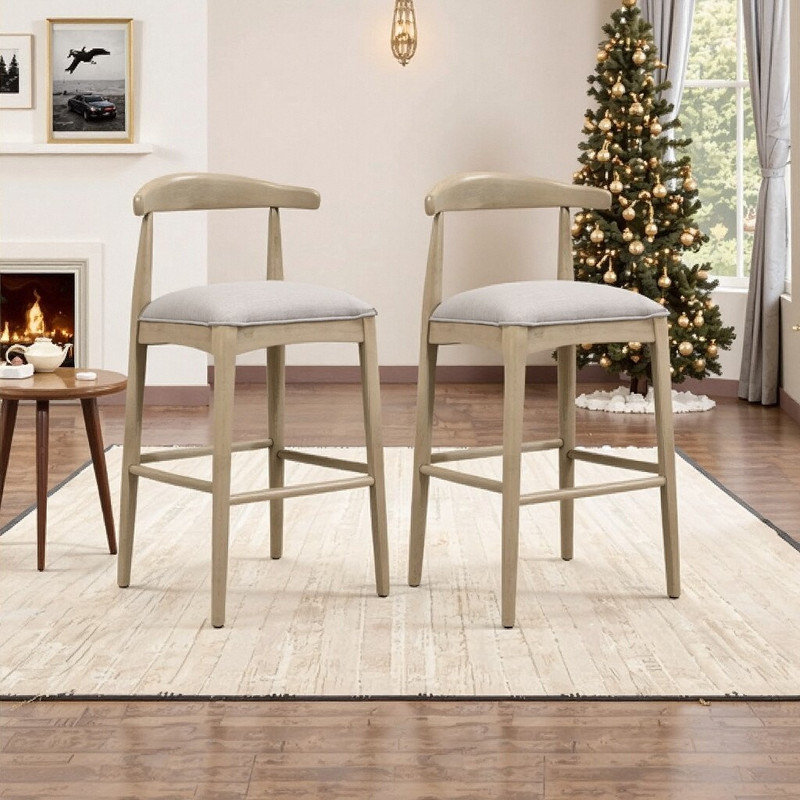 Ensemble de tabourets de bar en bois d'hévéa (2 pièces) avec repose-pieds, hauteur de bar standard, Naturel