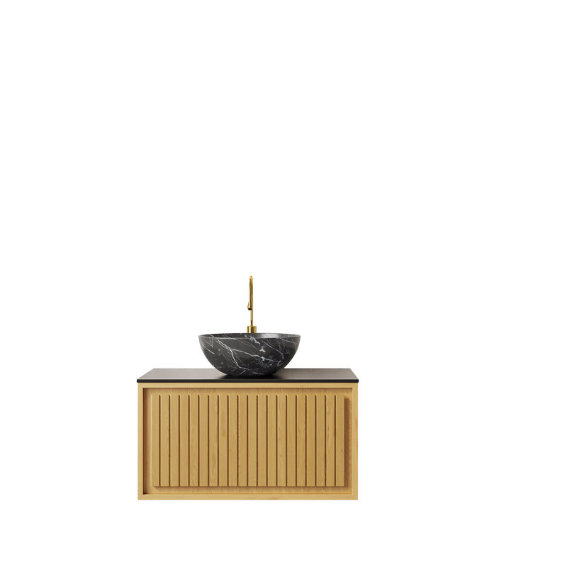 30-Inch Wall-Mounted Light Oak Vanity With Black Stone Basin