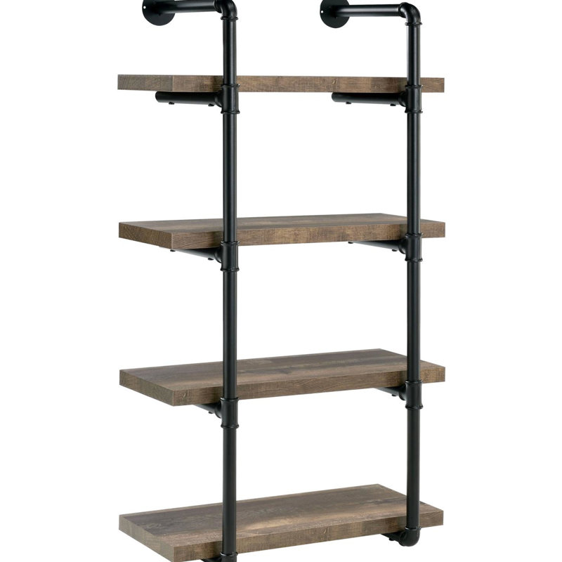 Black And Rustic 4 Shelf For Office, Space Feature Oak Functional Shelving Unit, Black/Brown