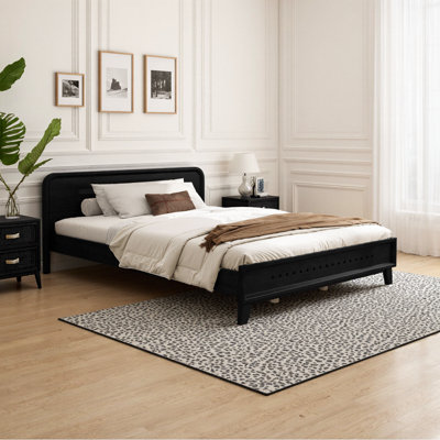 Solid Black Pine Wood Queen Bed Frame, No Box Spring Needed with Slat Support, Easy Assembly Modern Industrial Bedroom Furniture