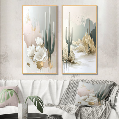 Gold And Green Cactus Desert Retreat I - Floral Cactus Wall Art 2 Pieces Set
