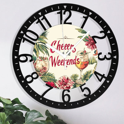 Metal Wall Clock for Living Room -10" Cheeers To Weekends Tropical Cocktails Silent Non Ticking,Battery Operated, Antique Clocks for Farmhouse,Bedroom,Kitchen - Arabic Numerals