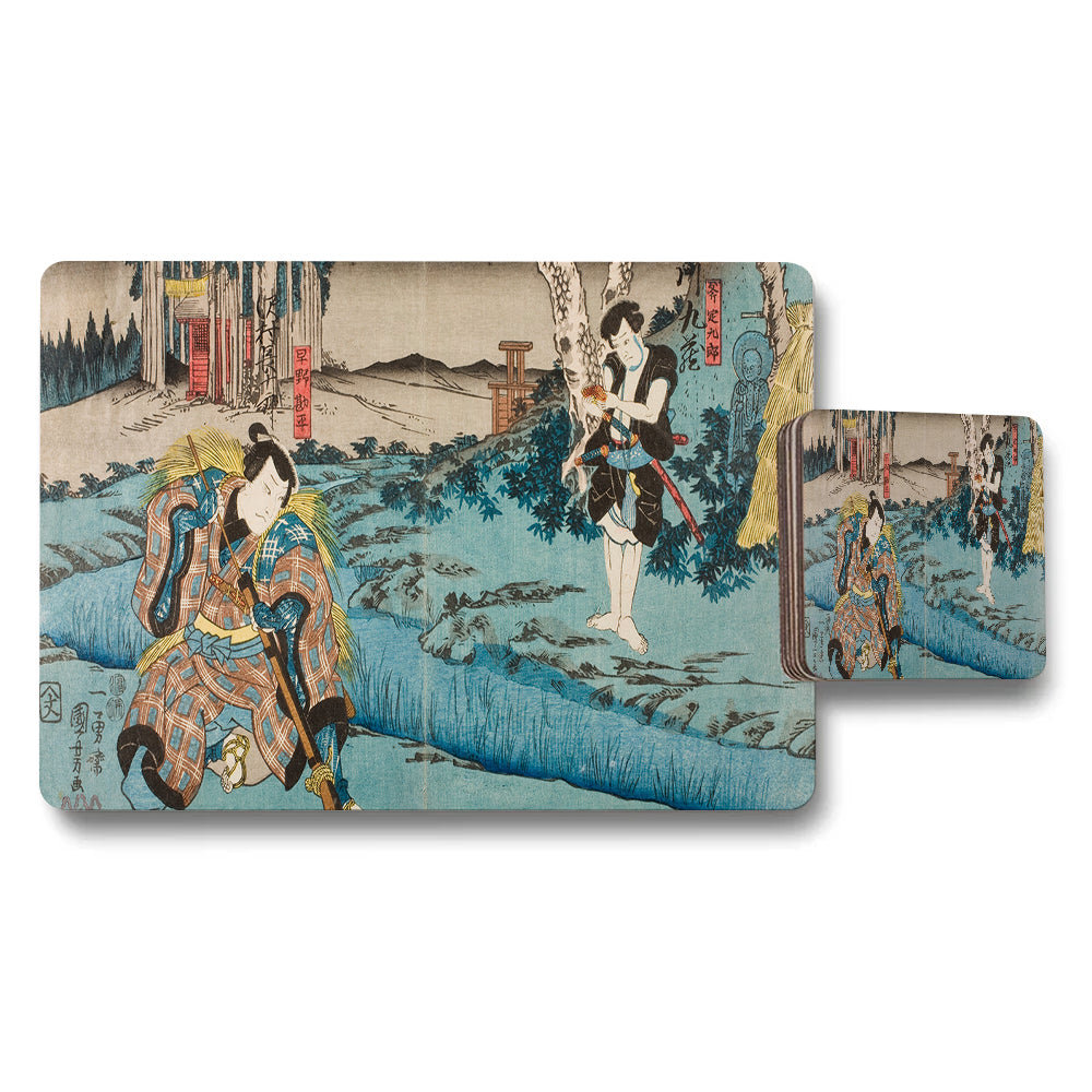 Japanese Ukiyoe Placemats And Coaster Set Samurai Scene