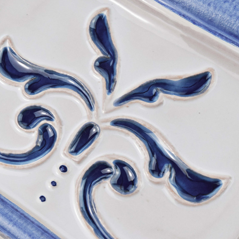 Carreau de céramique à bullnose Novecento Friso Evoli 5 po x 5 po, Blanc / bleu