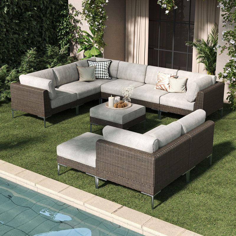  10-piece Wicker Rattan Patio Furniture Set, Deep Seating Outdoor Modular Sectional Sofa Conversation Set With Thick Cushions For Lawn, Garden