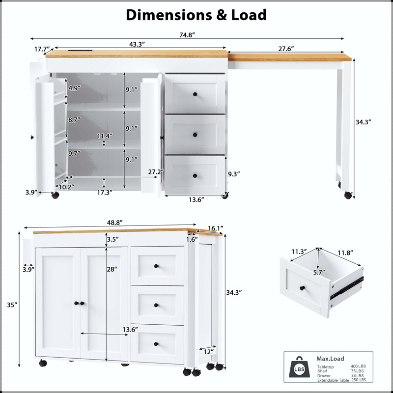 74.8" Kitchen Island with Extendable Dining Table (Seats 2 Extra) – White, White