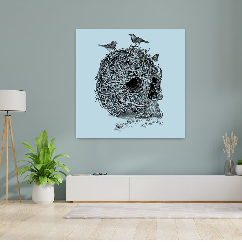 Crâne, nid, oiseau, art urbain contemporain, H 48 po x l 48 po