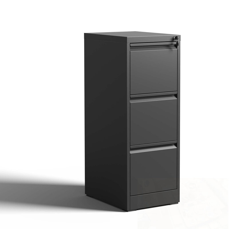 Metal Vertical File Cabinet with Lock and 3 Drawers, Black