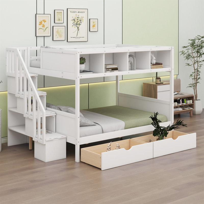 Lit superposé avec tablettes, escalier de rangement et 2 tiroirs, Blanc