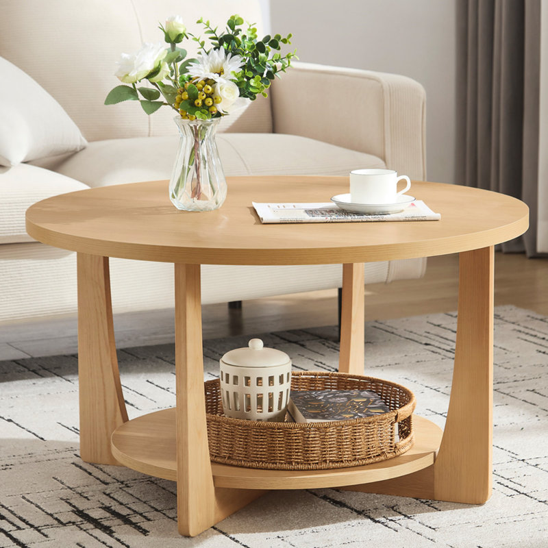 Natural Solid Pine Wood Round Coffee Table with 2-Tier Storage
