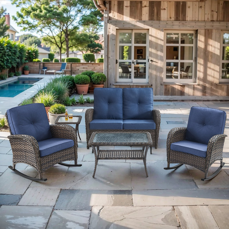 Chaises de patio d'extérieur en osier 5 pièces avec causeuse en rotin, table en osier et table d'appoint pour terrasse de patio