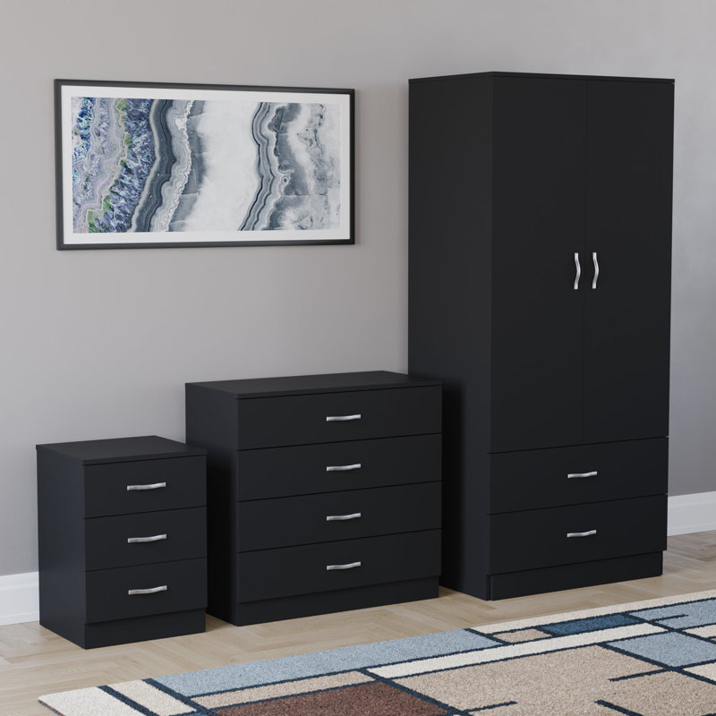 Maybery 3 Piece Bedroom Set (3 Drawer Bedside Chest, 4 Drawer Chest, 2 Door 2 Drawer Wardrobe), (4), Black