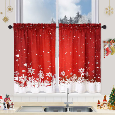 Christmas Kitchen Curtains 52 x 24 Inch Set of 2, Velvet Snowflake Cafe Curtains Thermal Insulated Room Darkening, Red