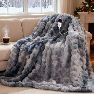 AEPINBH Electric Blanket, Soft Faux Rabbit Fur Bubble Heated Blanket with Dual Control 6 Heating Levels & 4 Hours Auto-Off, Machine Washable, Fast Heating (Black Gray, 50"X60")